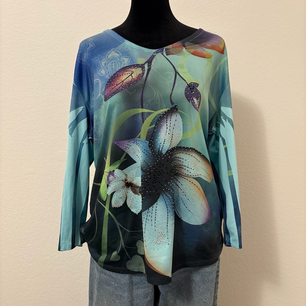 Floral Print Women's Top - Blue and Green